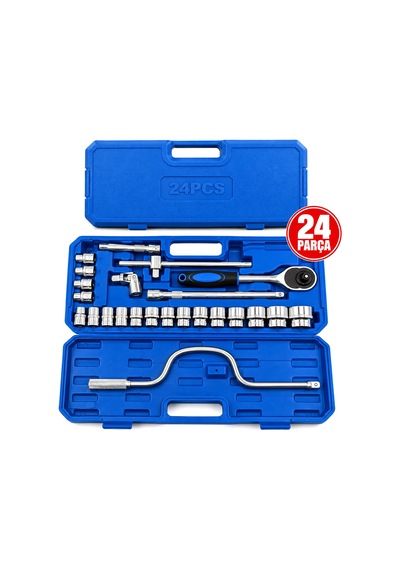 24 Parça 1/2 Inc Dr.socket Set Lokma - Soket - Adaptör - Cırcır Kolu Chrome Vanadıum Metal Çantalı