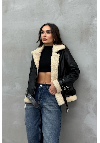 Msm Fashion Kadın İçi Beyaz Kürklü Siyah Kısa Biker Deri Ceket Mont Siyah