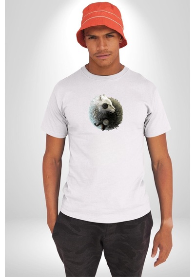 Yin İle Yang Beyaz Siyah Kurt Unisex Unisex Beyaz Organik Baskılı T-shirt Penye Yüksek Kalite Beyaz