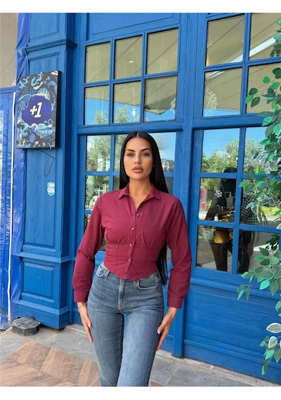 WeShaya Bordo Pamuk Polyester Parçalı Gömlek Bordo