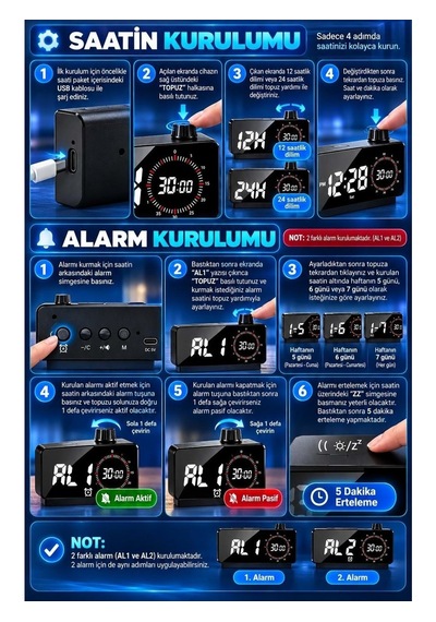 Kenly Dijital Led Çalar Saat Görsel Zamanlayıcı Geri Sayım Çift Alarm Ayarlanabilir Parlaklık Siyah