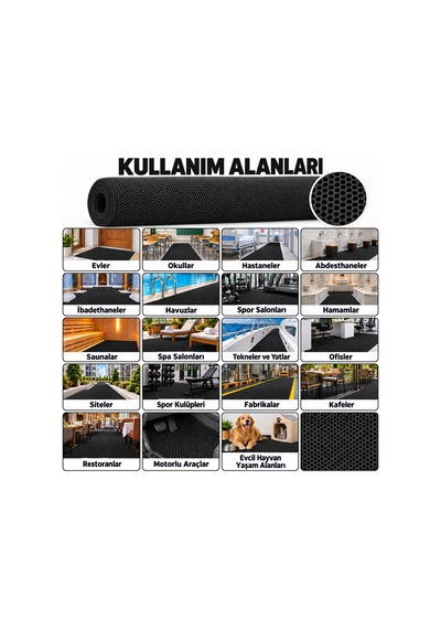 Hortumtech Bal Petek Paspas Kaydırmaz Pvc Islak Zemin Duş Havuz Su Tahliyesi 4 Mm - Siyah 120 X 550 Cm