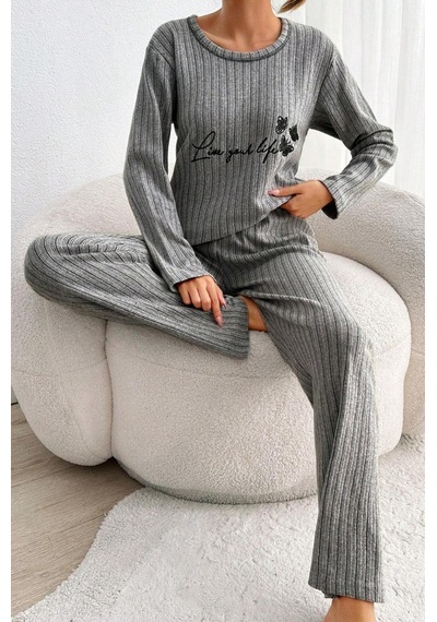 Zhlbutik Genç Baskılı İ Nterlok Pijama Takımı Açık Gri