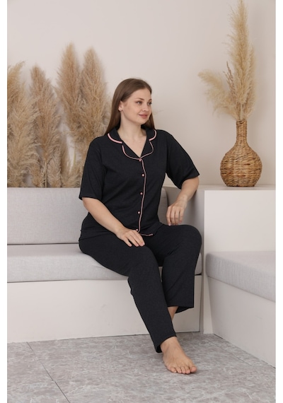 SUDE HOMEWEAR Kadın Füme Büyük Beden Kısa Kol Pijama Takımı Siyah