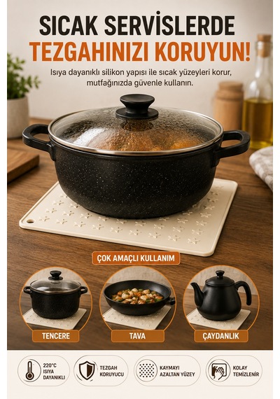 Krem Silikon Nihale 16x16 Cm Çok Amaçlı Tencere Tava Altlığı Fırın Tepsi Tutacağı Kavanoz Açacağı Ev