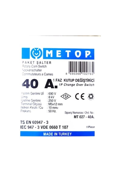 Metop 1x40a Bir Fazlı Kutup Değiştirici Şalter 1-0-2