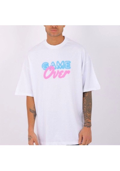Flood Of Style Erkek Beyaz Game Over Baskılı Oversize Bisiklet Yaka Tshirt