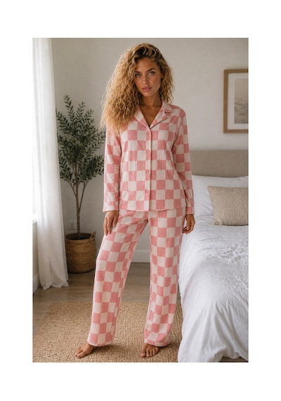 Fit Women Kadın Örme Gömlek Yaka Pembe Pijama Takımı