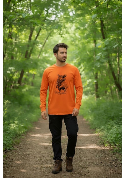 Avcılık Hunter Domuz Avcılığı Baskılı Regular Fit Turuncu Bisiklet Yaka Uzun Kollu T-shirt Turuncu