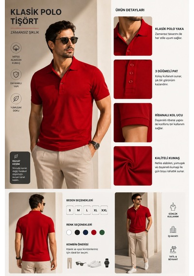 Luxic Core Erkek Polo Yaka Kırmızı Tişört Likralı Pike Kumaş Terletmez Slim Fit Günlük Şık Tasarım