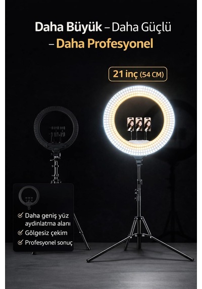 Ayrex 21 İnç 54 Cm Profesyonel Ring Light 210 Cm Ayarlanabilir Tripodlu, 3'lü Telefon Tutuculu, 3 Işık Modlu,