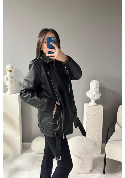Prifaldi Uzun Oversize Kadın Siyah Deri Ceket