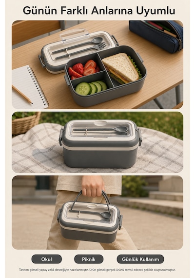 Antrasit 3 Bölmeli Çocuk Beslenme Kutusu Kaşık Çatal Dahil Kilitli Kapaklı Taşıma Saplı Lunch Box