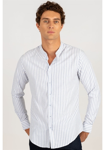 Tudors Slim Fit Uzun Kol Çizgili Hakim Yaka Erkek Gömlek-24977 Beyaz