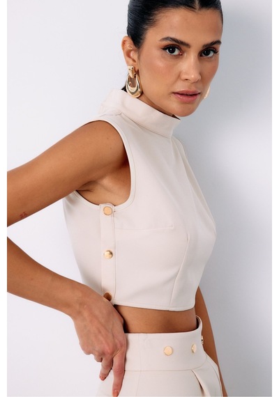 Sateen Çıt Çıt Detaylı Crop Bluz - Bej