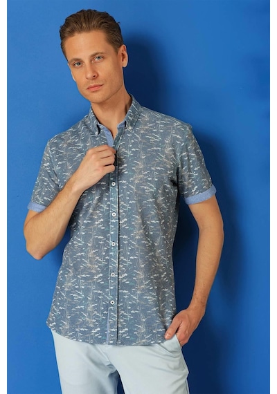Efor Slim Fit Düğmeli Yaka Desenli Kısa Kol Pamuk Mavi Gömlek G 1499 Mavi