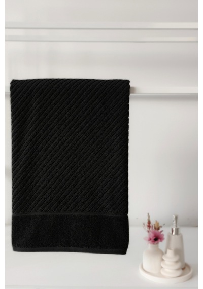 Diyagonal Çizgili Banyo Havlusu - %100 Pamuk, Yüksek Su Emici Havlu Sıyah Siyah