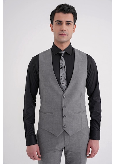 Efor Slim Fit Çift Yırtmaç Ekoseli Esnek Yünlü Yelekli Klasik Füme Takım Elbise Tk 934 Füme