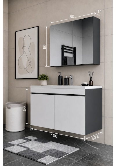 Teta Home Tokyo 100 Cm Mdf Banyo Dolabı Seti Antrasit - Beyaz Teta Home Tokyo 100 Cm Mdf Banyo Dolabı Seti Antrasit - Beyaz