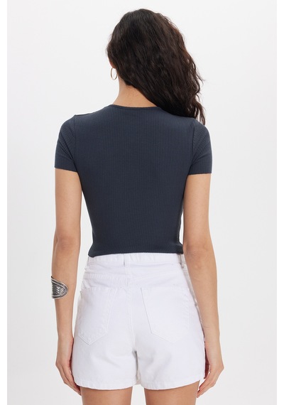 Tudors Kadın Slim Fit Dar Kesim %100 Pamuk Bisiklet Yaka Kısa Kol Antrasit Crop-50377