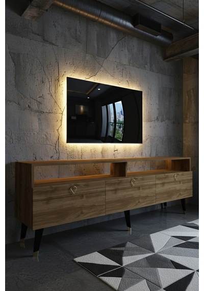 Resital Ledli Tv Sehpası - Led Işıklı - Gold Ceviz - Gl9017-2