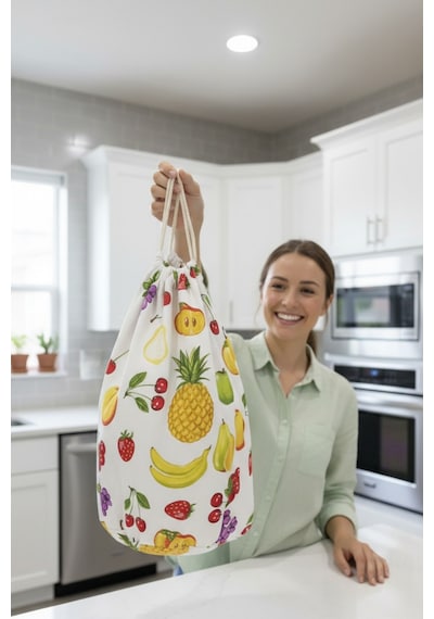 Mislina Home Organik Pamuk Meyve Desenli Çok Amaçlı Bez Çanta Ekmek - Market - Oyuncak -poşetlik Torbası 35x40 Çok Renkli