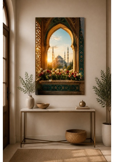 Osmanlı Cami Penceresi Baskılı Cam Tablo Manevi Mimari Duvar Dekoru
