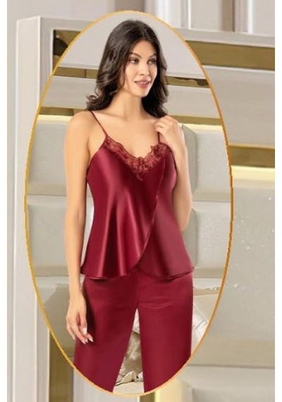 Xses 2165 Kadın Saten Empirme Sabahlıklı 4'lü Pijama Takım-bordo Bordo
