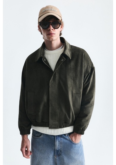 Vamos Oversize Polo Yaka Suni Süet Mont Haki
