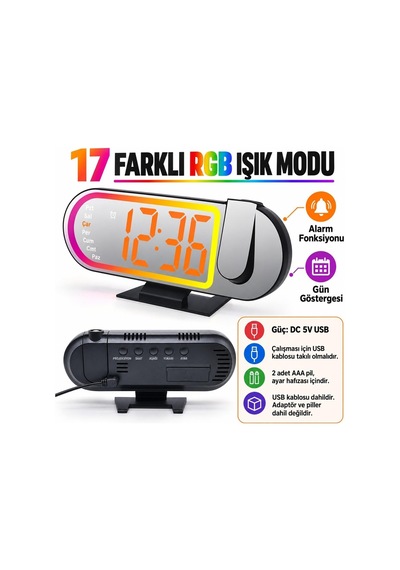 Rgb Işıklı Projeksiyonlu Dijital Alarm Saat 17 Modlu Led Ekranlı Çalar Saat Diğer