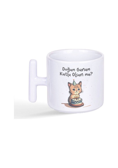 Doğum Günüm Kutlu Olsun Mu Sevimli Komik Kedi Baskılı Latte Fincanı T Kulplu Kupa Bardak Beyaz