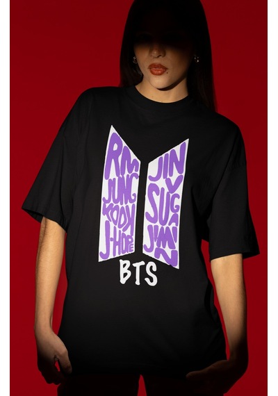 Sevbano Tasarım Bts Müzik Grubu Baskılı Unisex Oversize Tişört Siyah