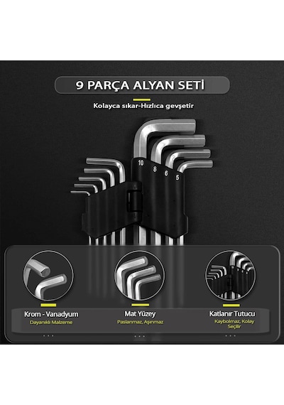 Kenet 9 Parça Alyan Takımı, Uzun Boy -yüksek Kalite 2mm,2.5mm, 3mm, 3.5mm, 4mm, 5mm, 6mm, 8mm V