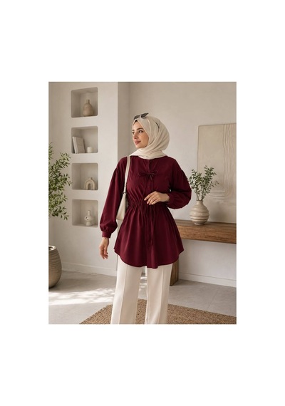 Öners Kadın Büzgü Detaylı Tesetür Gömlek Bordo Bordo