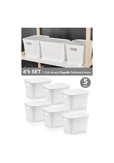 6 Adet Kapaklı Dekoratif Piramit Saklama Kutusu - Dolap Düzenleyici Organizer Kutu 5 Litre Beyaz Beyaz