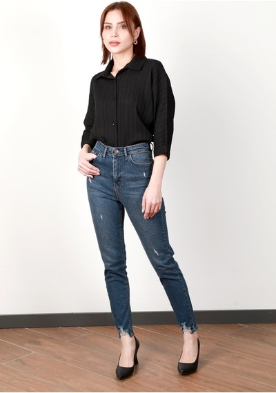 Giysa Kadın Yüksek Bel Lyc Lazer Kesim Skinny Jean Koyu Mavi