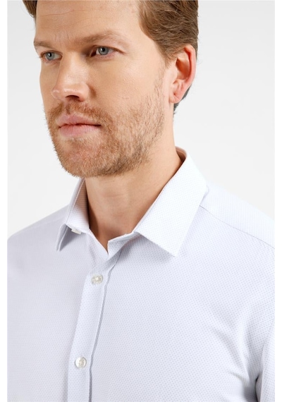 İmza Beyaz - Mavi Kendinden Desenli Sert Yaka Uzun Kol Cepsiz Slim Fit Pamuklu Gömlek 1004255216 Beyaz - Mavi