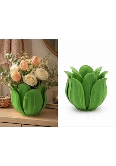 3d Baskı Lotus Yapraklı Vazo - Dekoratif Çiçeklik-yeşil Çok Renkli