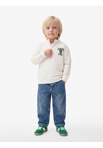 Koton Ayıcık Detaylı Yarım Fermuarlı Uzun Kollu Dik Yaka Oversize Sweatshirt Ekru 7wmb10066tk
