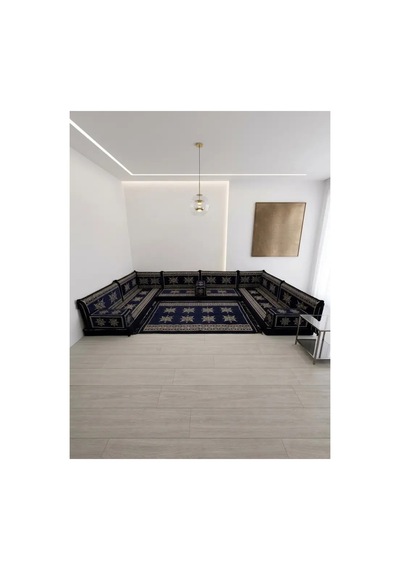 Yıldız Modeli Lacivert Otantik Şark Köşesi Takımı U Set - Geleneksel Yer Minderi Seti 10 Cm Minder Kalınlığı 15 Parça