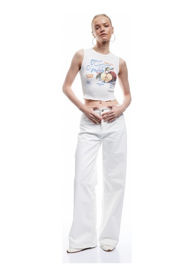 Koton Meyve Baskılı Kolsuz Slim Fit Bisiklet Yaka Crop Bluz Ekru 5sal30130ık Ekru