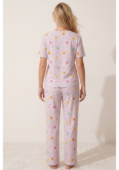 Siyah İnci Pamuklu Fitilli Kaşkorse Örme Pijama Takım 26120402 Lila Renkli Çiçek