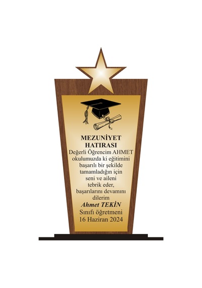 Yıldız Öğrenci Mezuniyet Plaketi Ahşap Mdf Gold Levhaya Baskılı ,kişiye Özel İsim Baskı