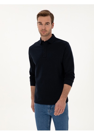 Lacivert Regular Fit %100 Pamuk 3 İplik Polo Yaka Sweatshirt