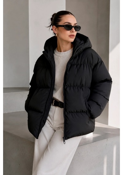 Bb Butik Basic Oversize Kapüşonlu Şişme Mont St3411 siyah