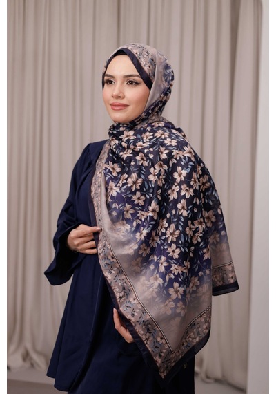 Mimiyum Flora Desen Soft Şal Lacivert Toprak Çok Renkli