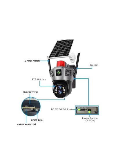 Vn Okam 6020 15mp 3 Lensli 4g Solar Güneş Enerjili Akıllı Güvenlik Kamerası Gece Görüş İnsan Takibi