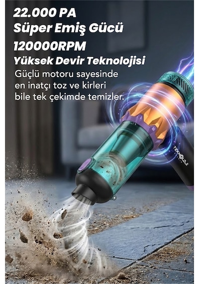 Araç İçi Süpürge Kablosuz Işıklı Göstergeli 22.000 Pa 9başlık Yedek Filtre Çantalı Çekim&üfleme 2in1