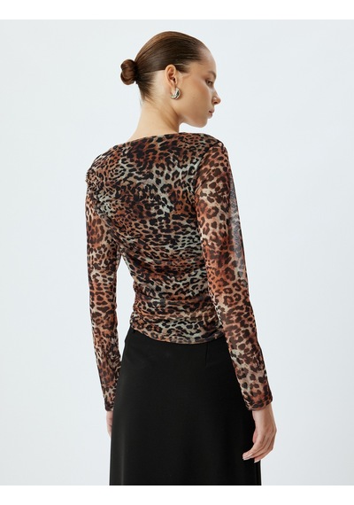 Koton Tül Bluz Leopar Desenli Uzun Kollu Drapeli Slim Fit Siyah Desenli 5wal10587ık Siyah