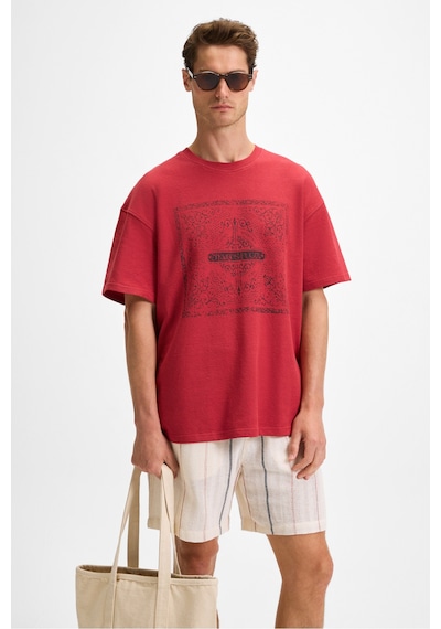 Grimelange TEMPUS Erkek Baskı Detaylı %100 Organik Pamuk Bisiklet Yaka Oversize Fit Bordo T-Shirt